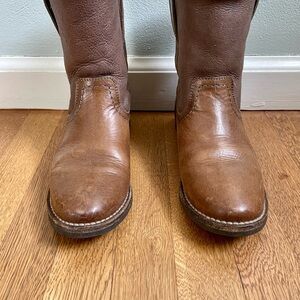 Women’s 8 FRYE Gemma Short Shearling Leather Suede Pull On Boots Gray Taupe WARM